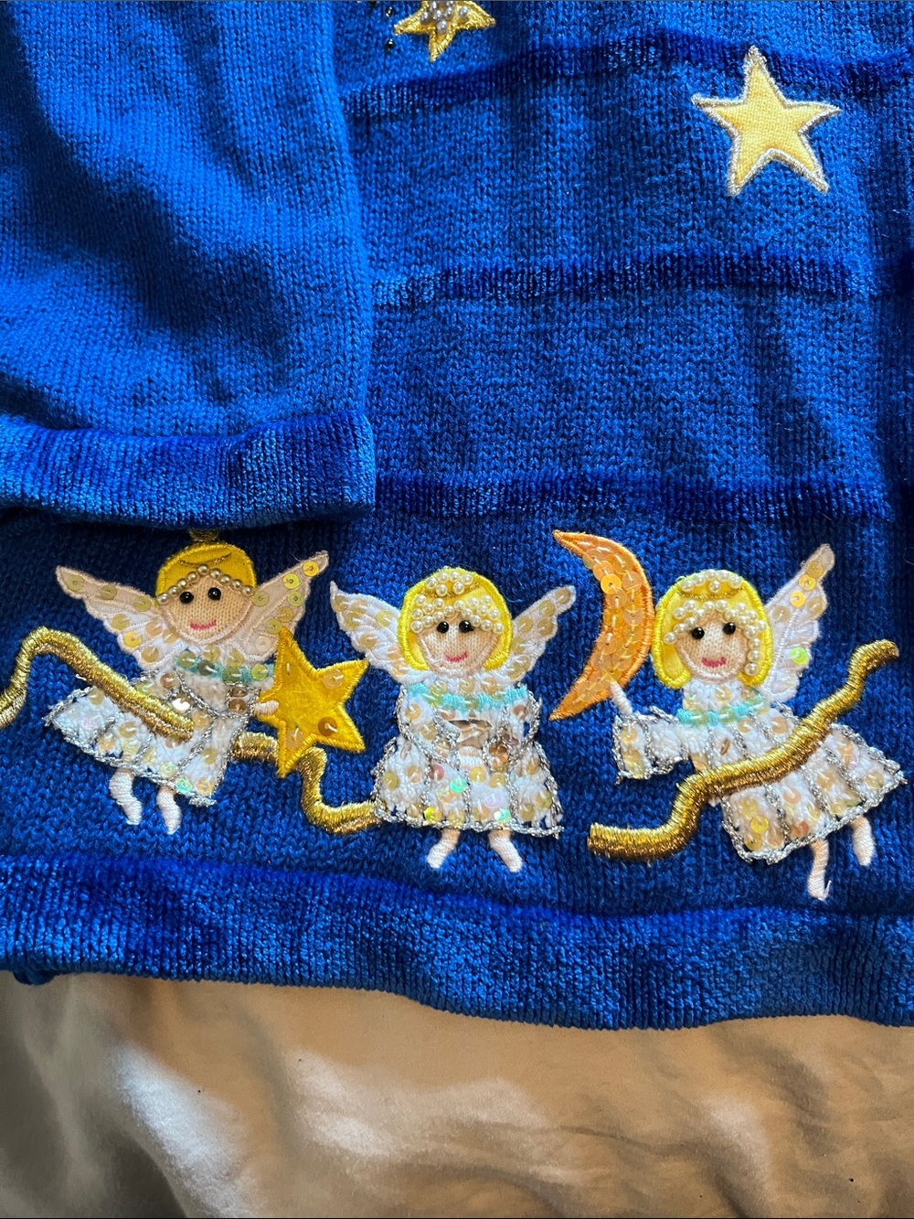 Quacker Factory Royal Blue Zip Cardigan with Moon, Star & Angel Appliqués - Picture 3 of 5
